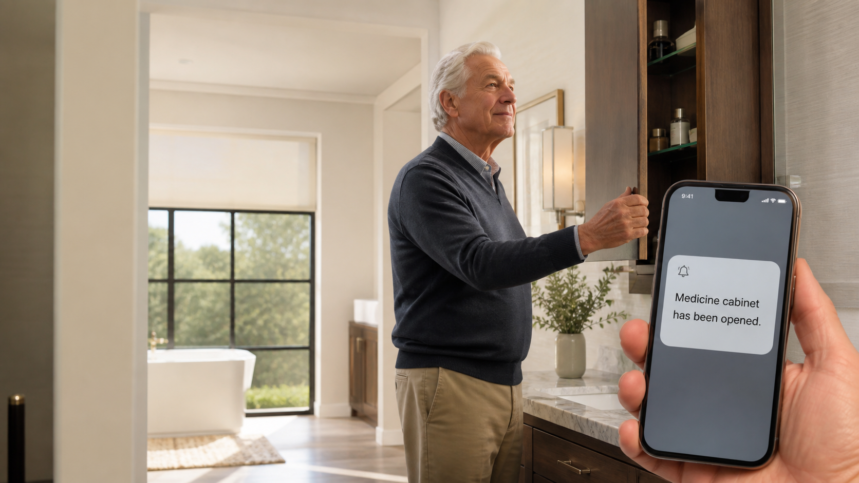Older adult opening a medicine cabinet while a family member receives a discreet home activity notification