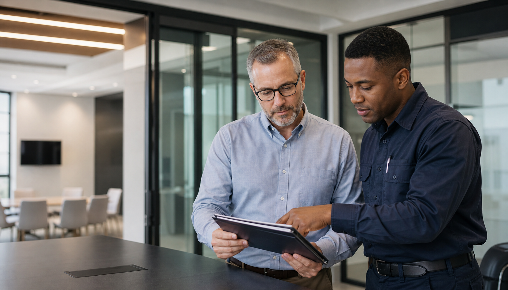 Fire alarm technician reviewing an organized inspection record with a commercial facility manager