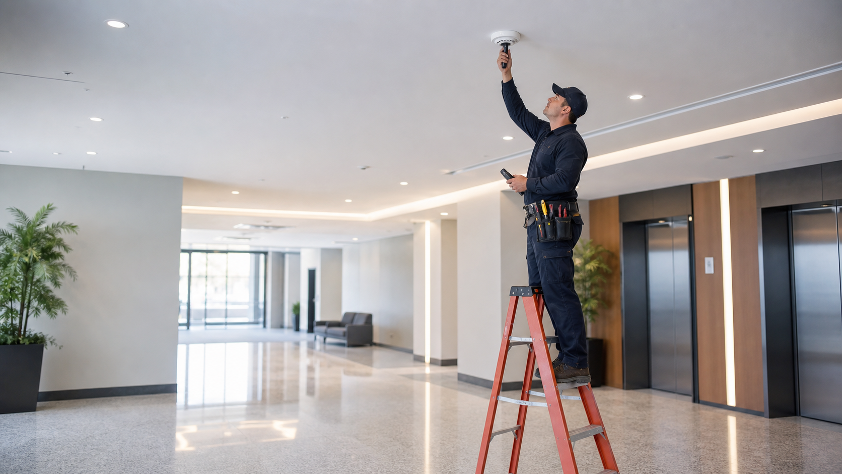 Fire alarm technician performing a scheduled commercial smoke detector inspection in a modern building lobby