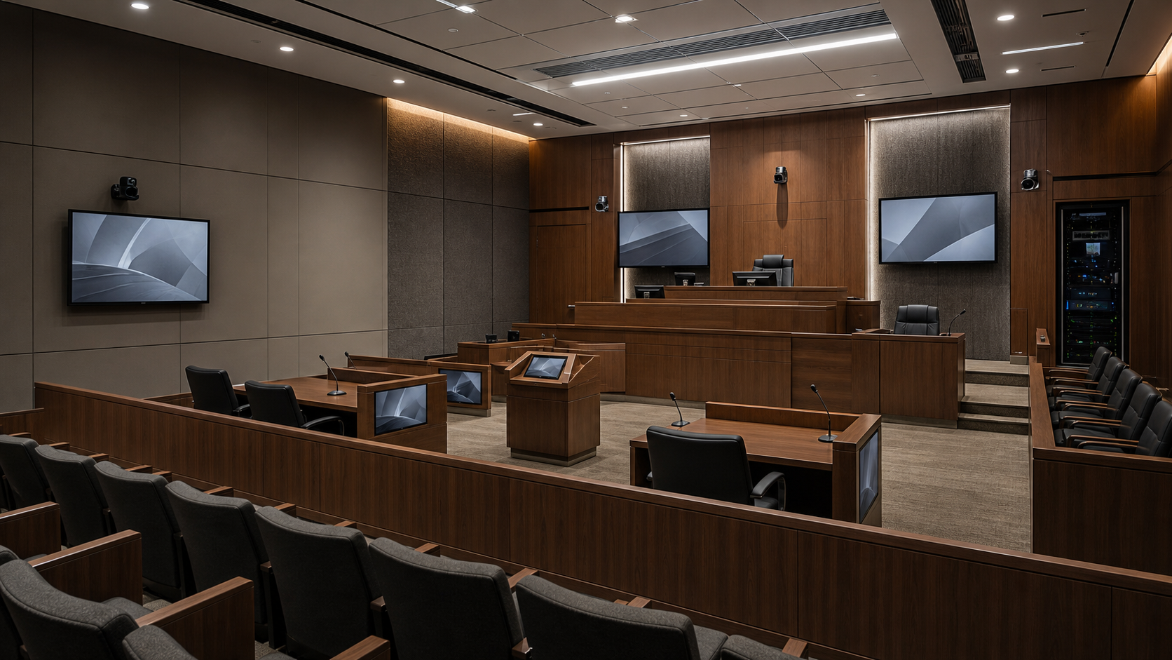 Modern courtroom with integrated displays, cameras, microphones, and AV equipment