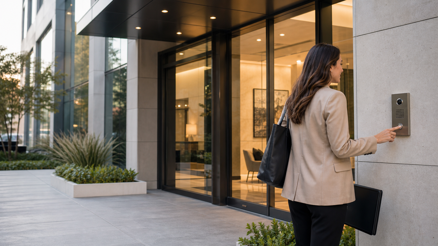 Visitor using a commercial video intercom at a modern building entrance