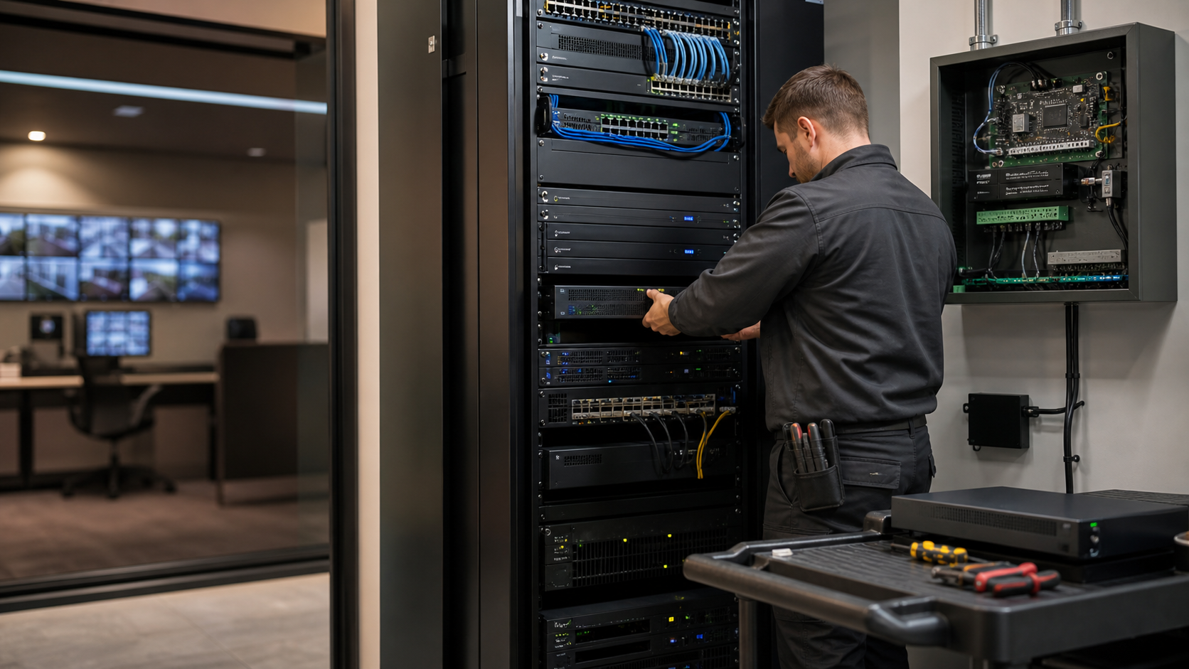 Technician modernizing commercial security and network equipment in an equipment rack