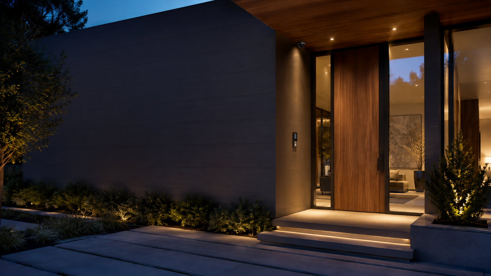 Contemporary home entrance with discreet integrated residential security at dusk
