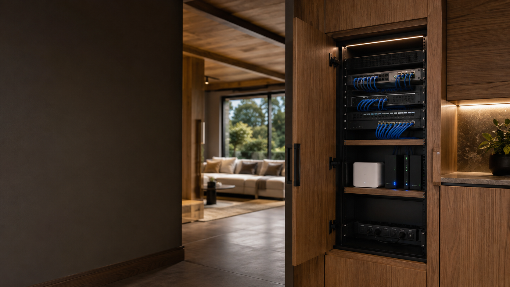 Organized residential network cabinet integrated into a contemporary home