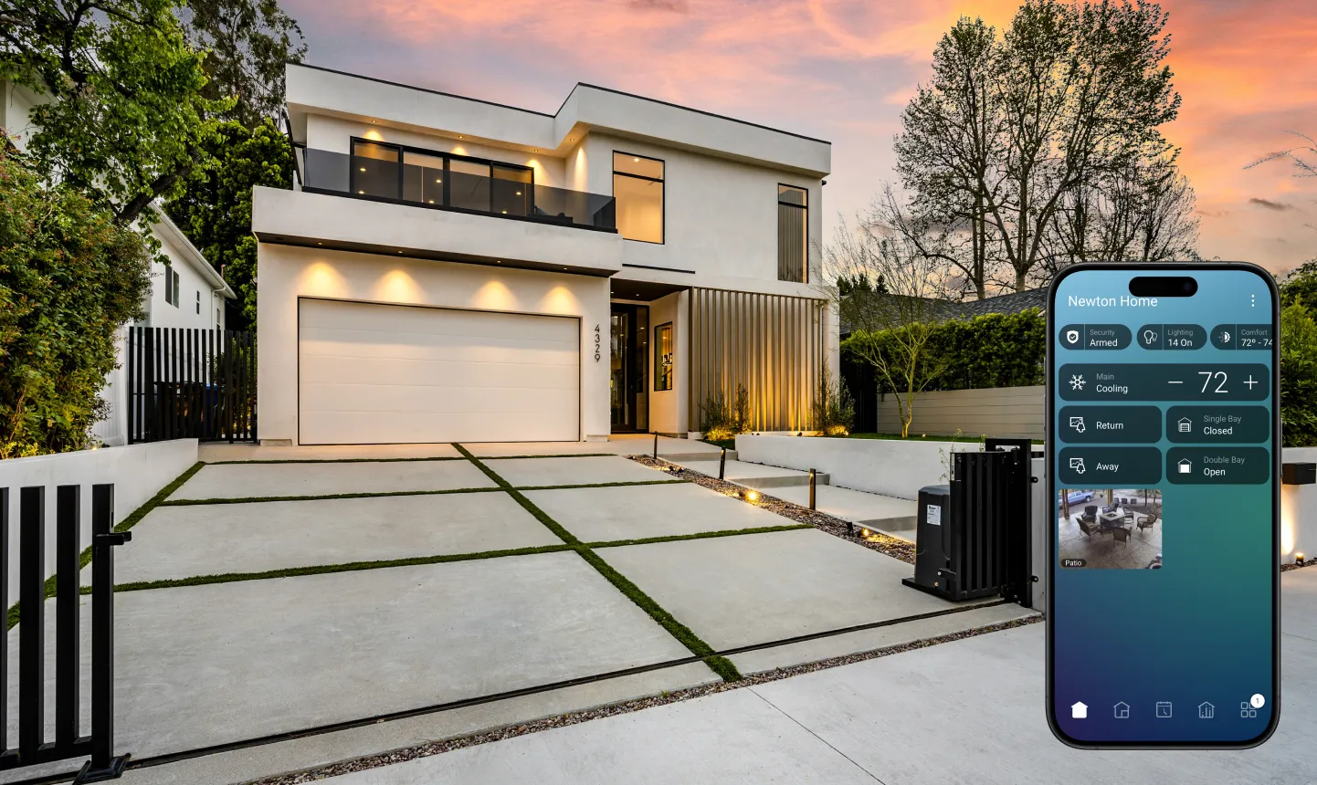 Modern smart home at dusk with the Control4 mobile interface