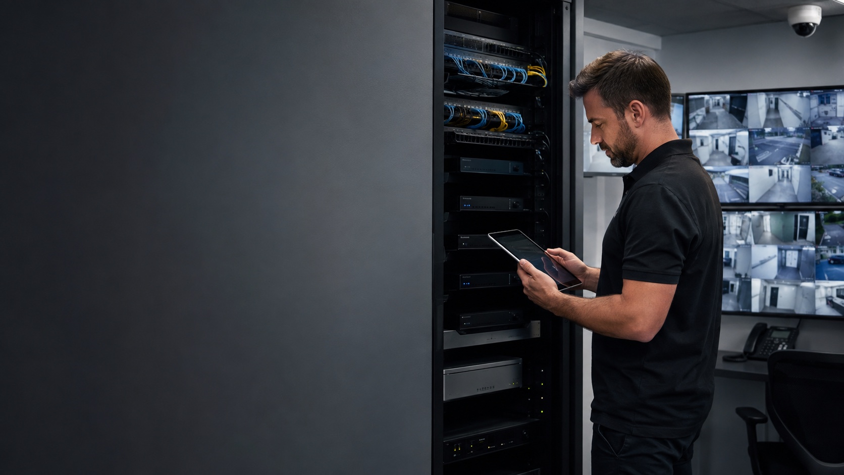 Technician troubleshooting an existing commercial video-surveillance system