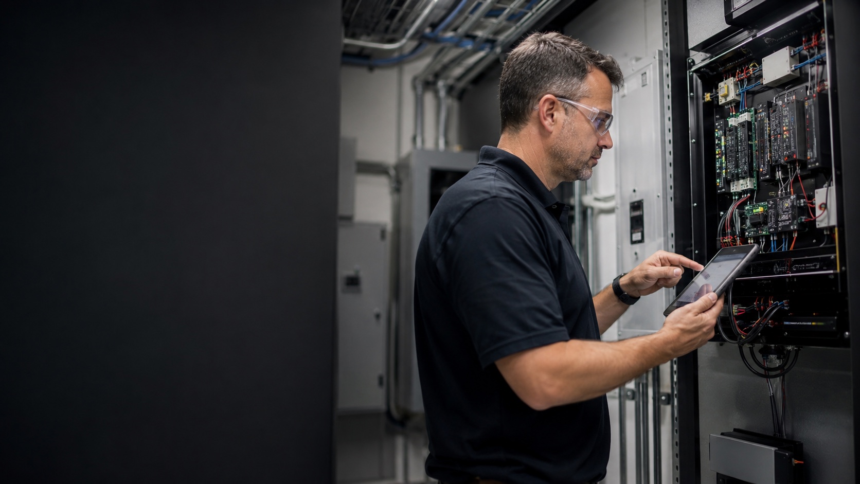 Technician diagnosing an existing commercial access-control panel