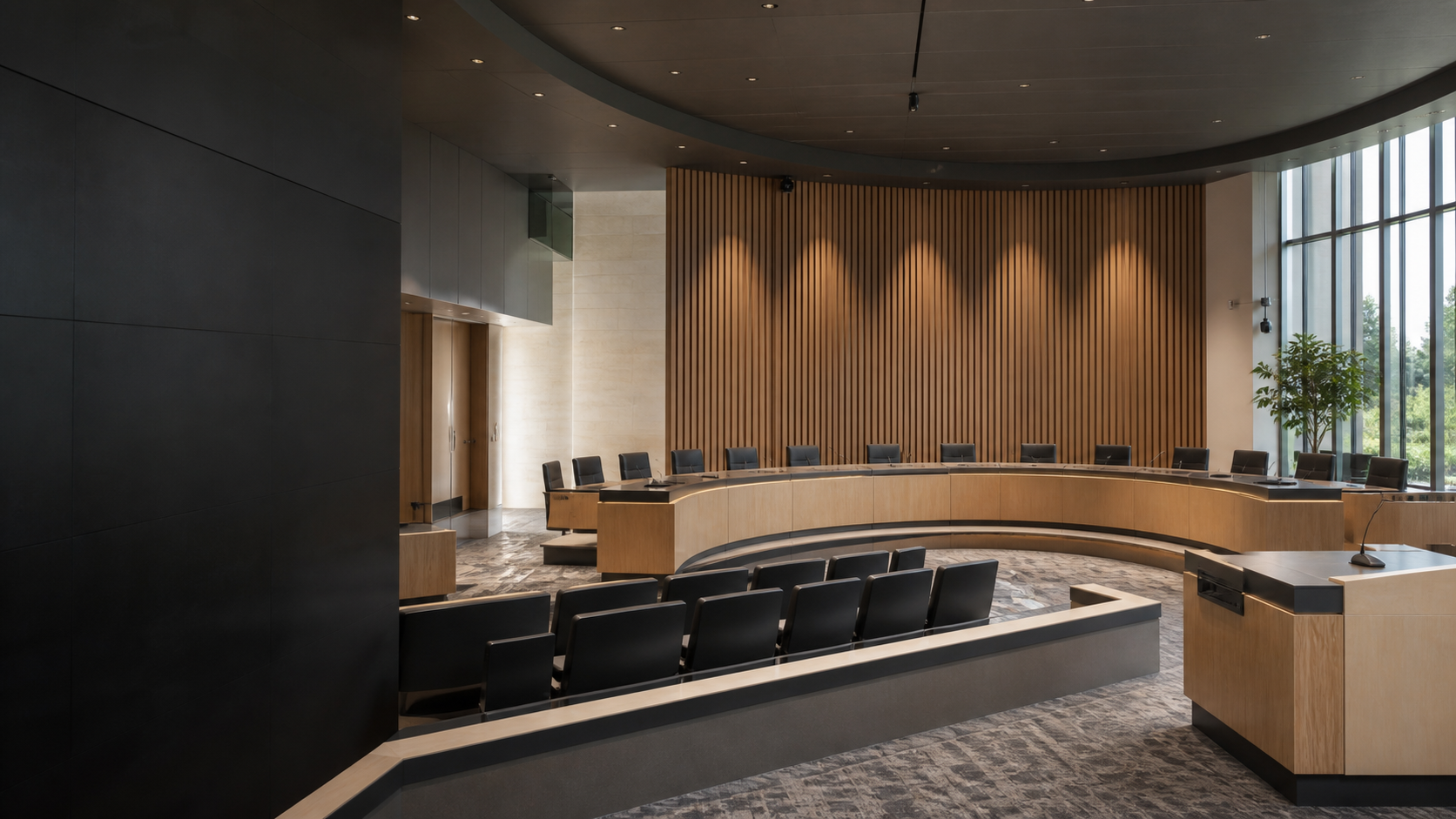 Contemporary municipal meeting chamber designed for public meetings and civic administration.