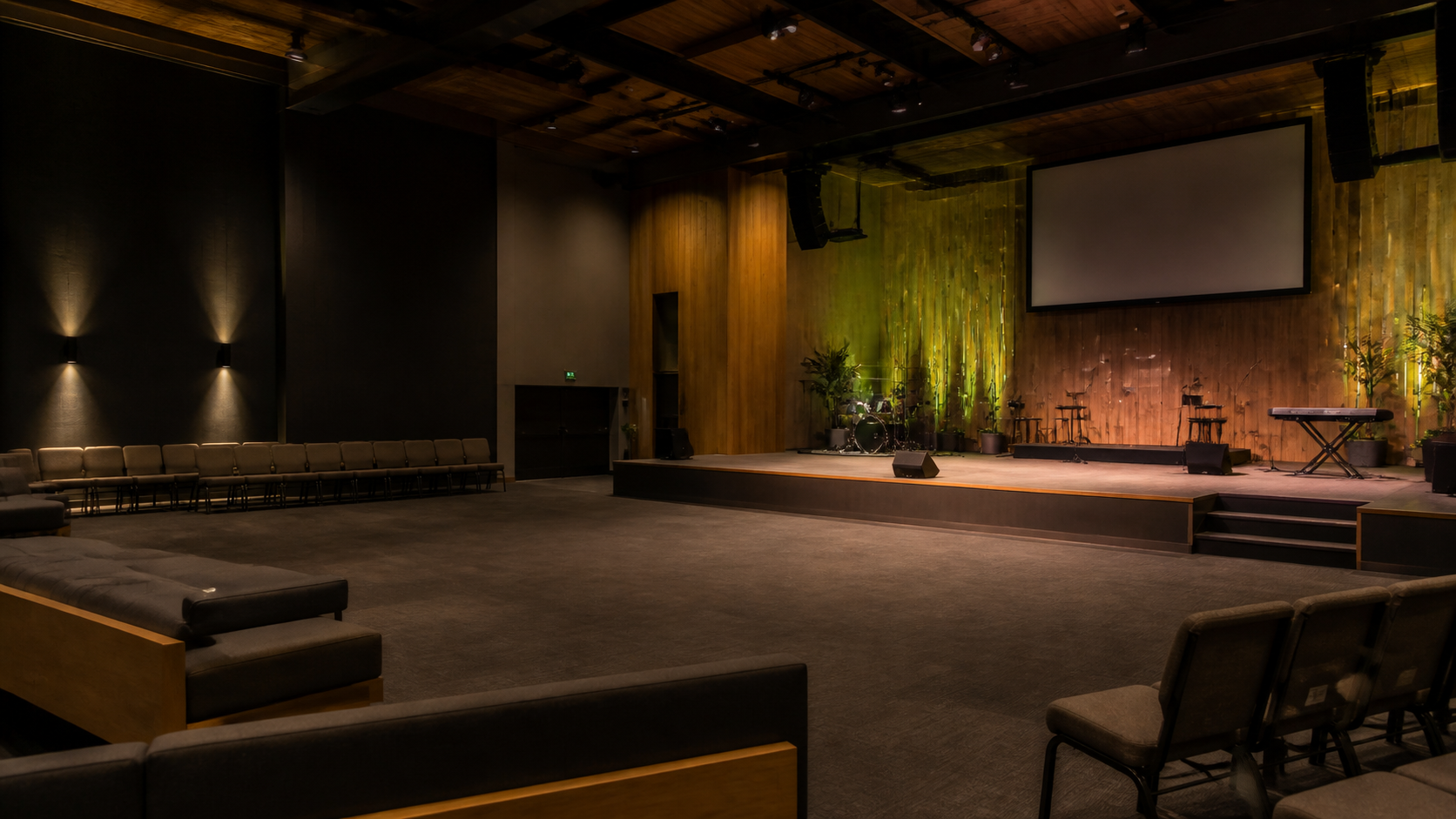 Contemporary worship and community gathering space with integrated audio and projection.