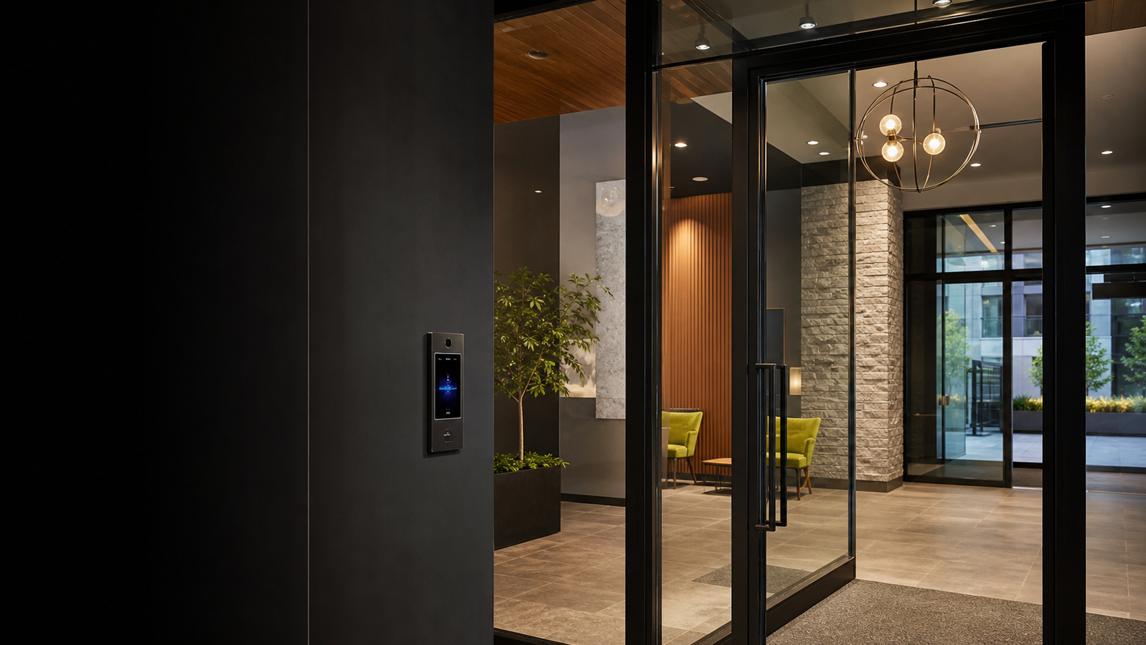 Professionally managed multifamily building entry with controlled-access technology.