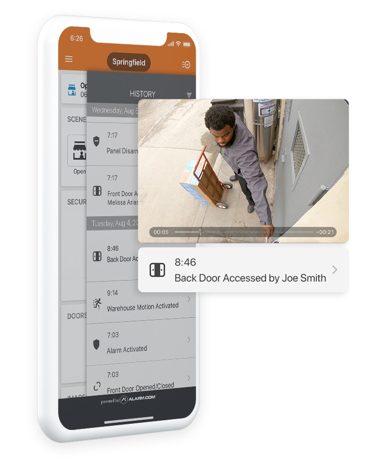 Alarm.com for Business commercial video history associated with a door-access event