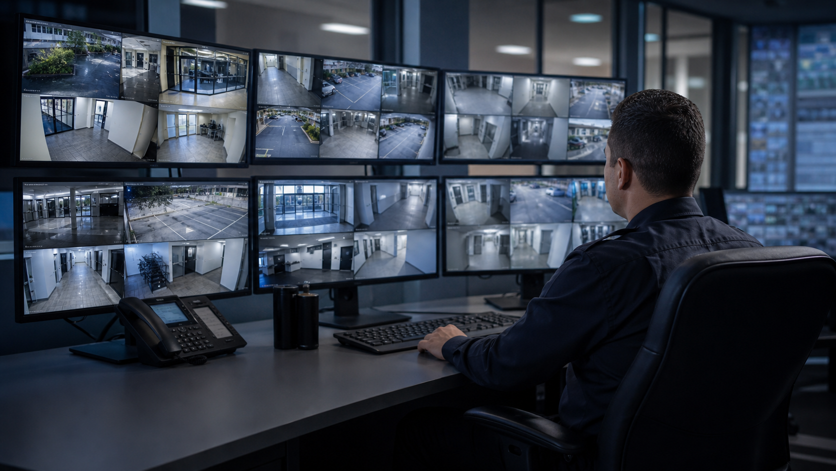 Security officer monitoring multiple camera views in a modern security operations center