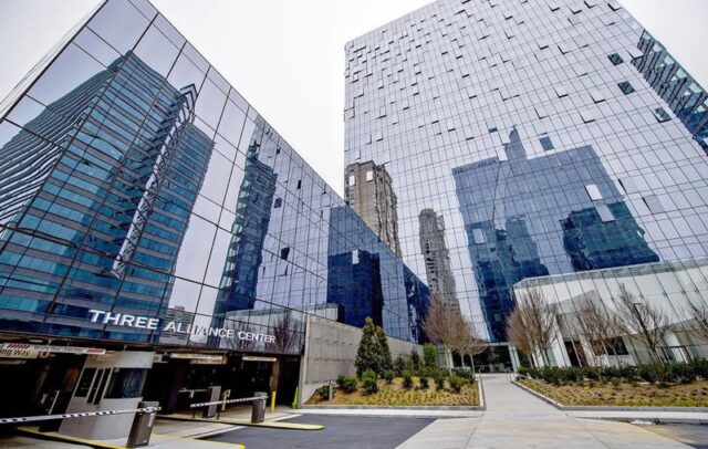 Three Alliance Center office tower and entrance in Buckhead, Atlanta
