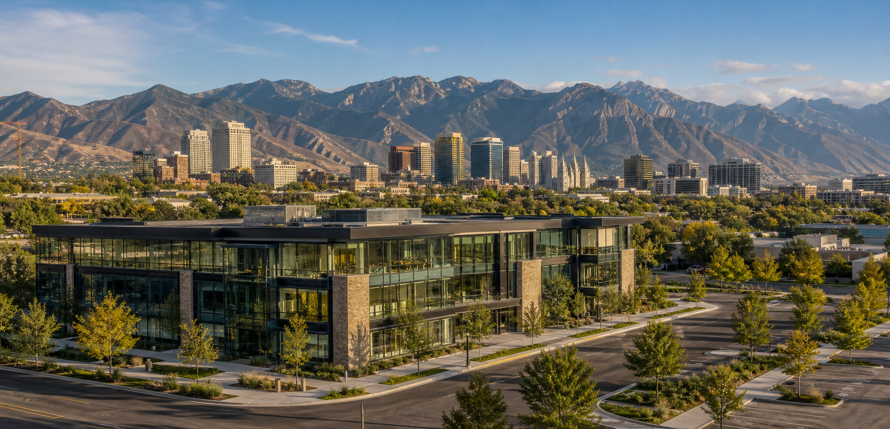Salt Lake City skyline and Wasatch Mountains behind a modern corporate office campus