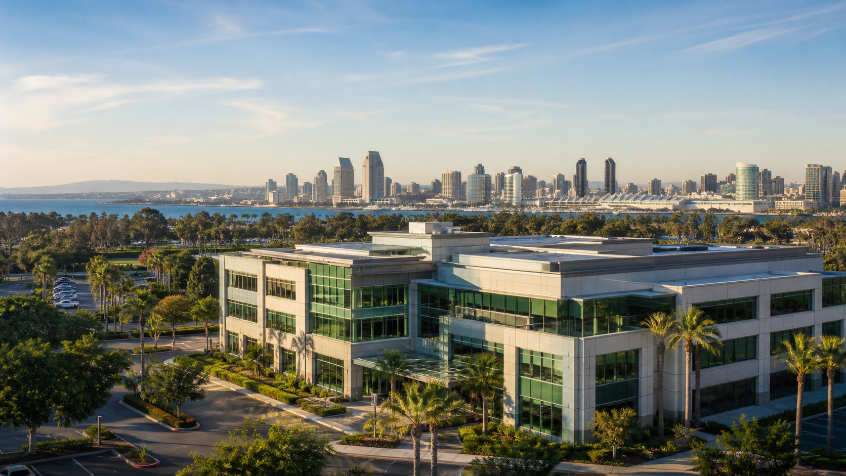 Modern San Diego office campus with palm trees, the bay, and downtown skyline in the distance