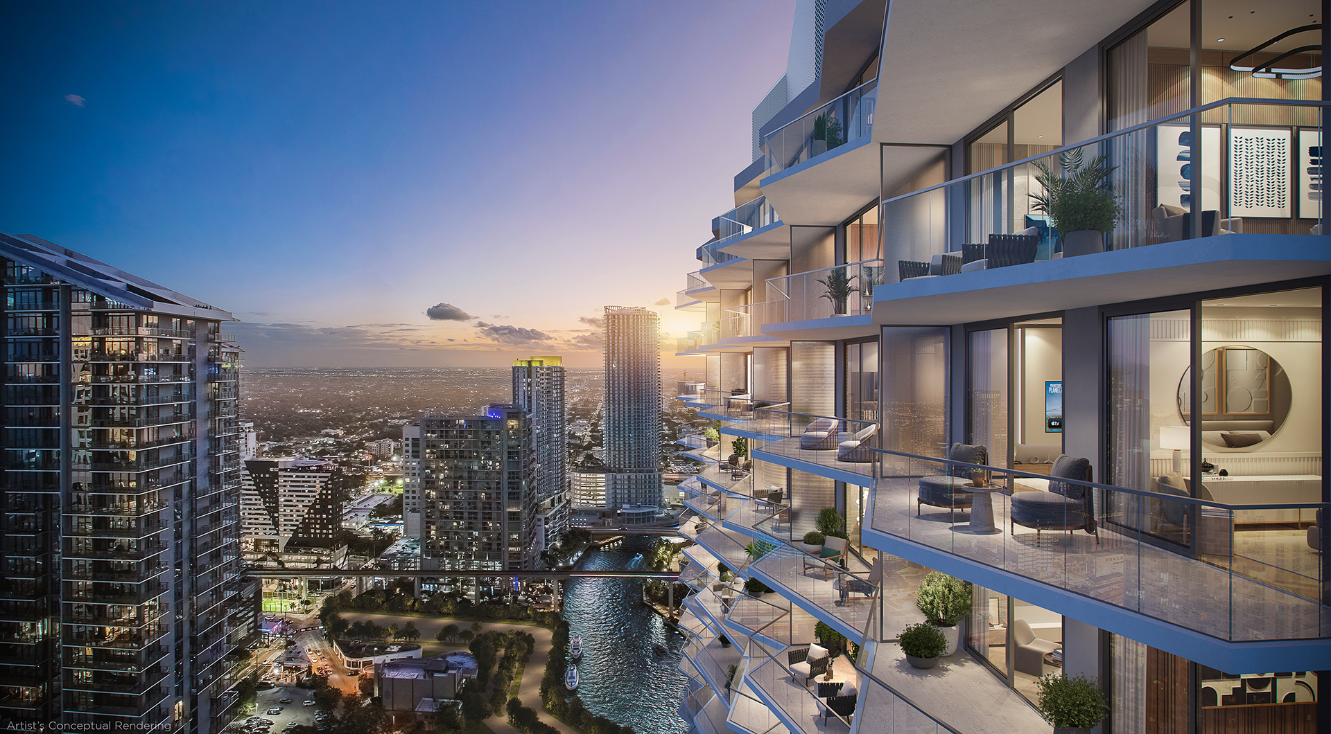 Exterior view of Viceroy Brickell Residences with curved balconies and the Brickell skyline