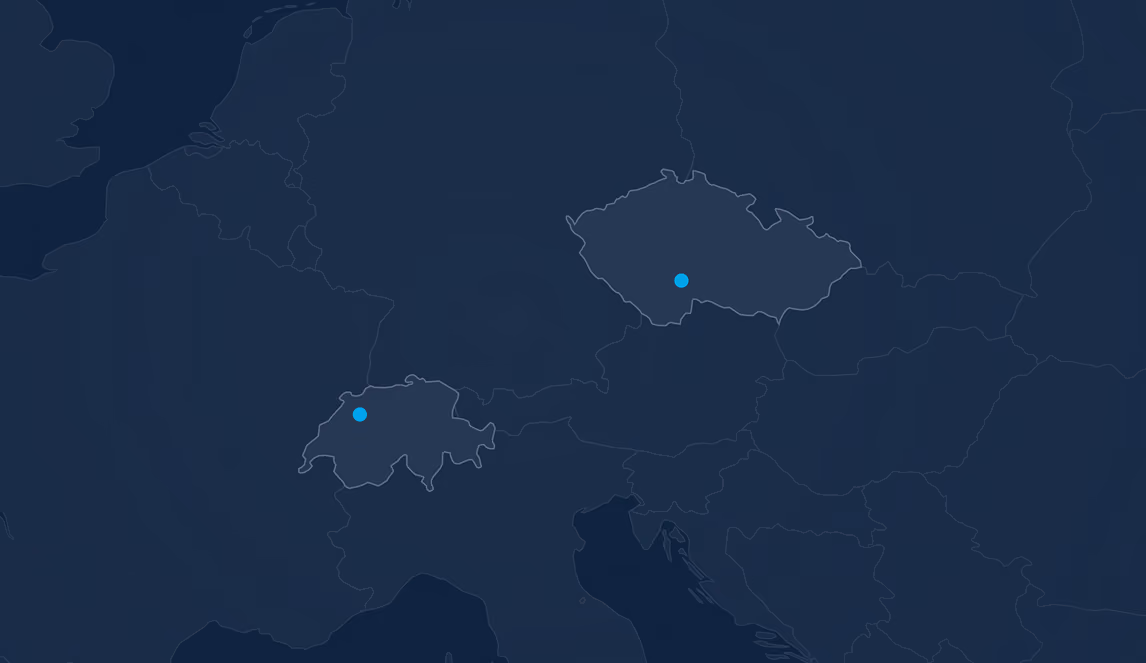Karte Mitteleuropas mit hervorgehobenen Punkten in der Schweiz und in der Tschechischen Republik.