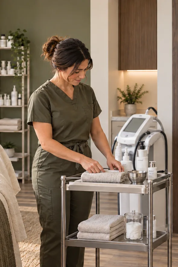 Illustrative scene of a provider arranging towels and supplies on a treatment cart.