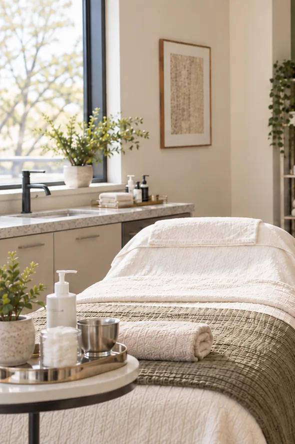 Illustrative treatment room with a treatment bed, rolled towel, and product tray.