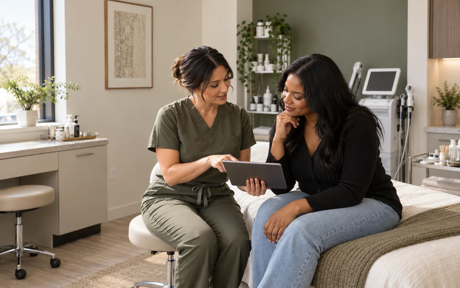 Illustrative scene of a provider discussing a skincare plan with a client using a tablet.
