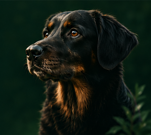 Ein schwarzer Hund blickt aufmerksam zur Seite.
