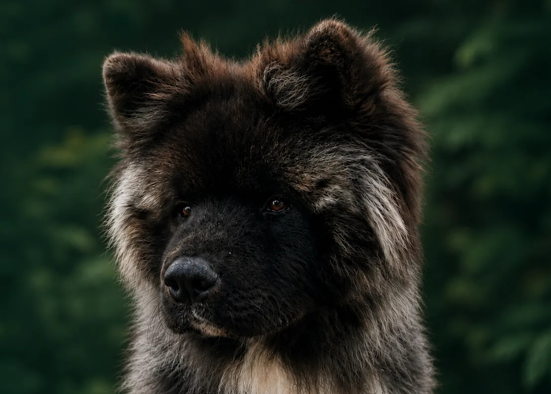 Großer, dunkelgrauer Hund vor grünem, unscharfem Pflanzenhintergrund.