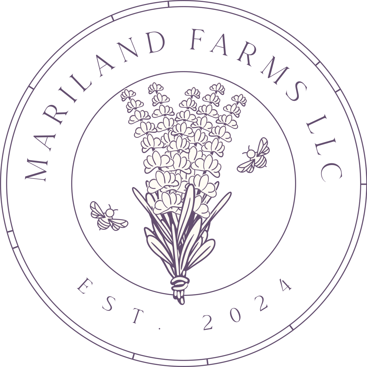 Mariland Farms LLC logo, lavender bundle with honey bees, established 2024