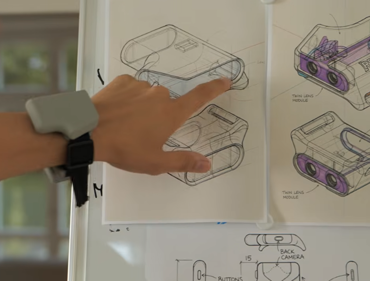 Hand pointing to technical sketches of a device with twin lens modules and back camera details.