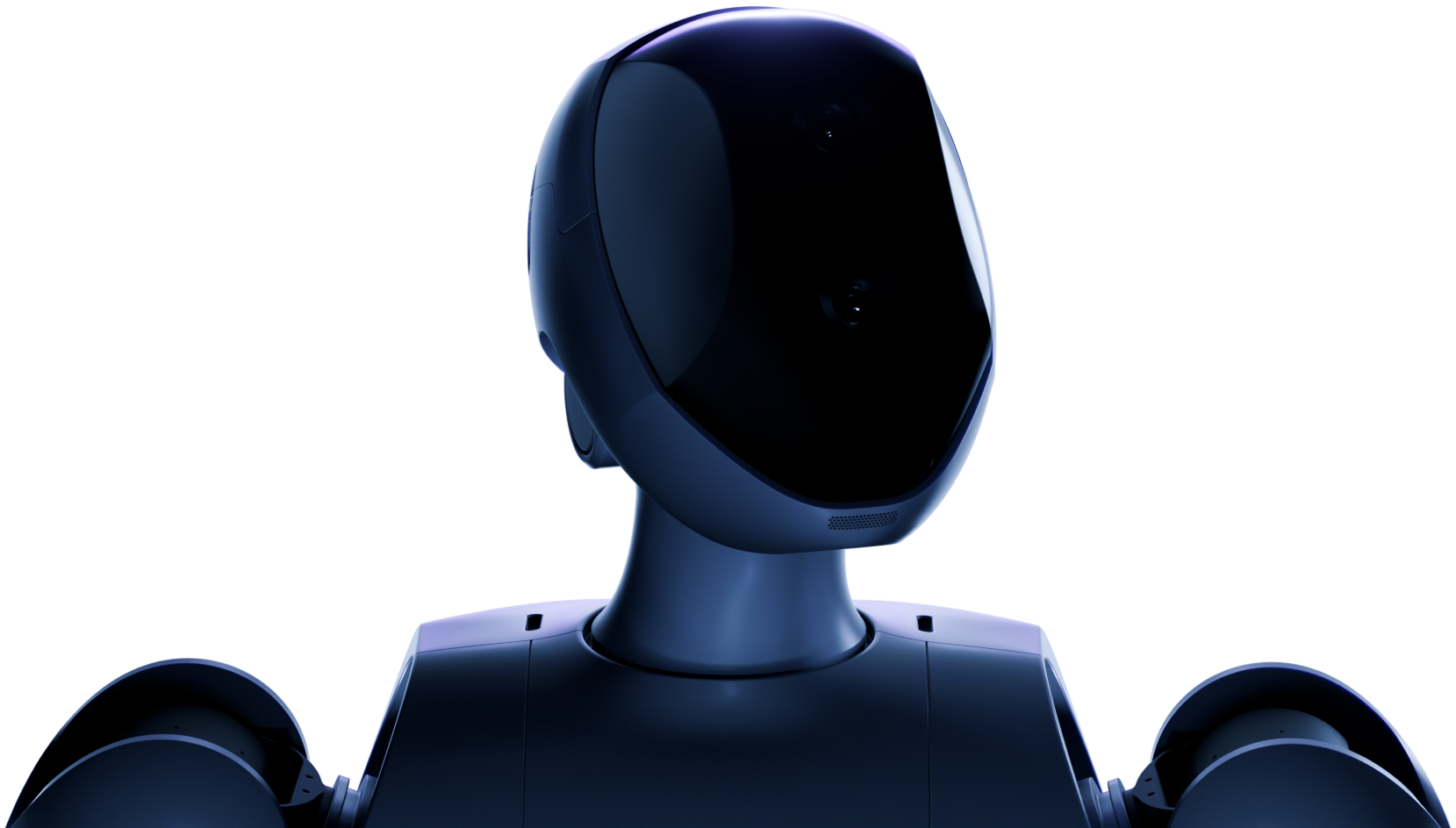 Humanoid robot with a smooth, shiny black faceplate and dual camera lenses.
