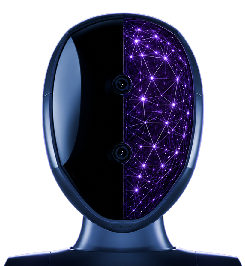 Head of a robot with a glossy black surface on one side and purple glowing neural network lines on the other.
