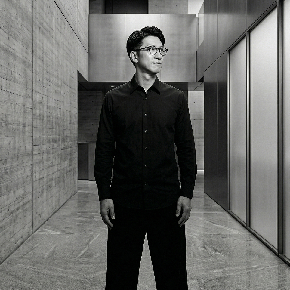 Man wearing glasses and a black shirt standing in a modern corridor with concrete and metal walls.