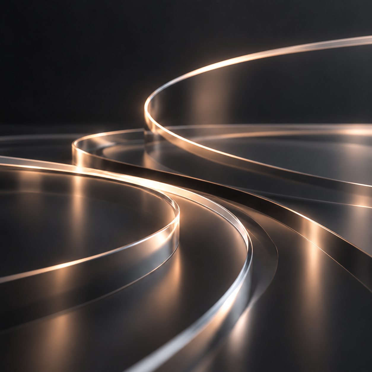 Sculptural glass forms reflecting warm light