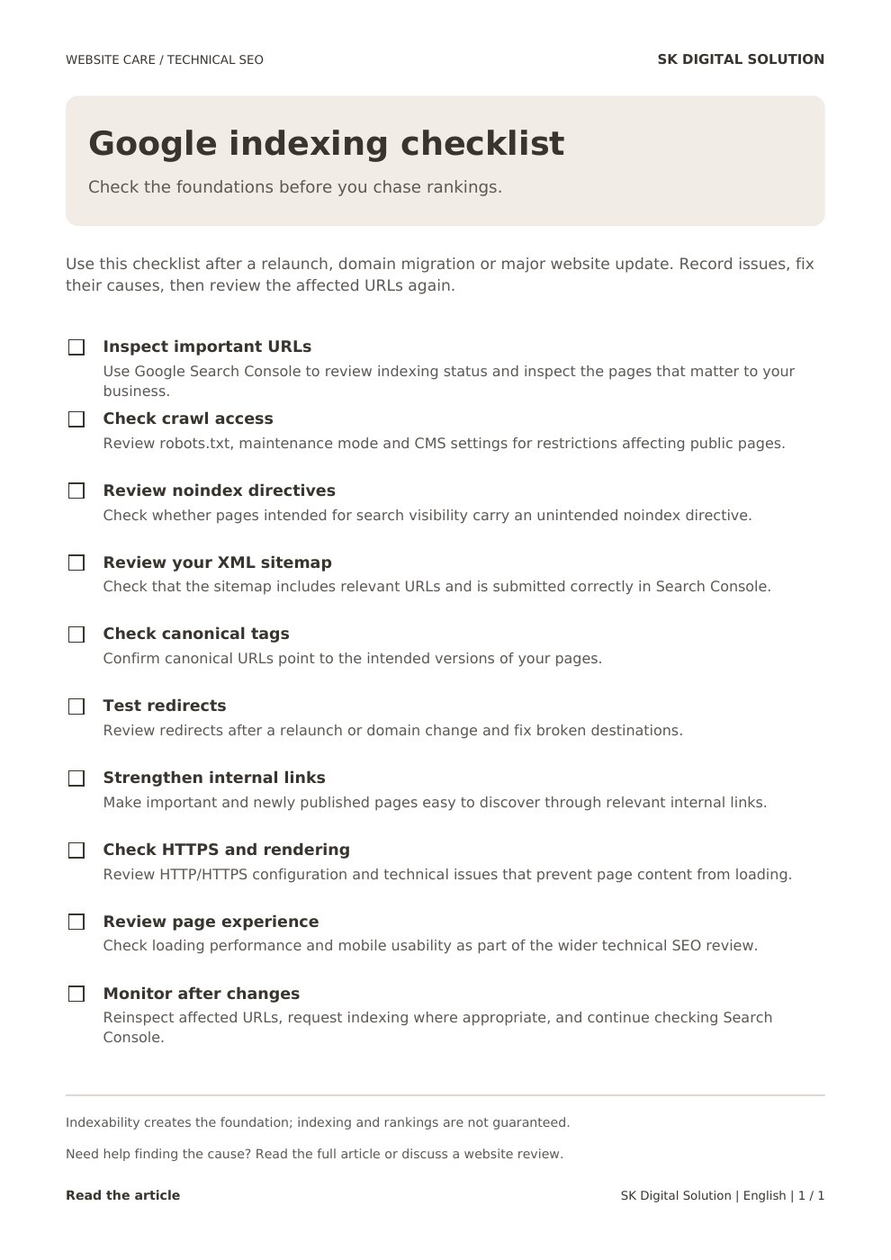 Preview of the English Google indexing checklist