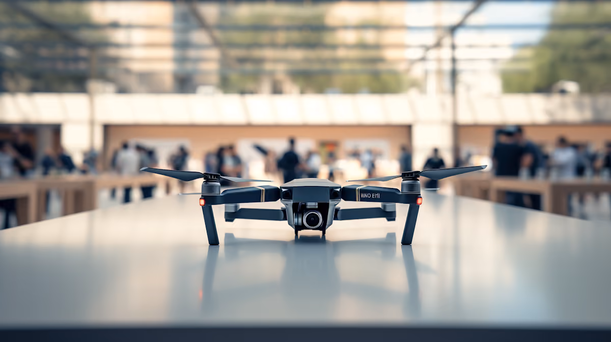 Sleek black quadcopter drone with camera displayed on a white table in a busy showroom.