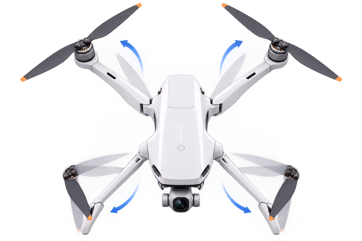 White quadcopter drone with camera showing rotating propeller arms with blue directional arrows.
