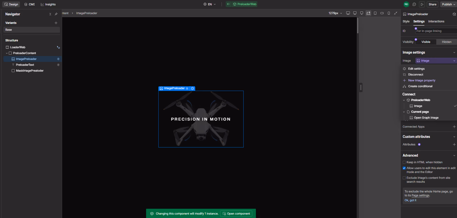Drone with propellers and text in center saying precision in motion on black background.