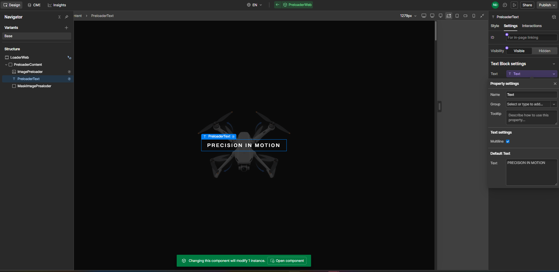 Top view of a gray drone with four propellers on a black background and text precision in motion.