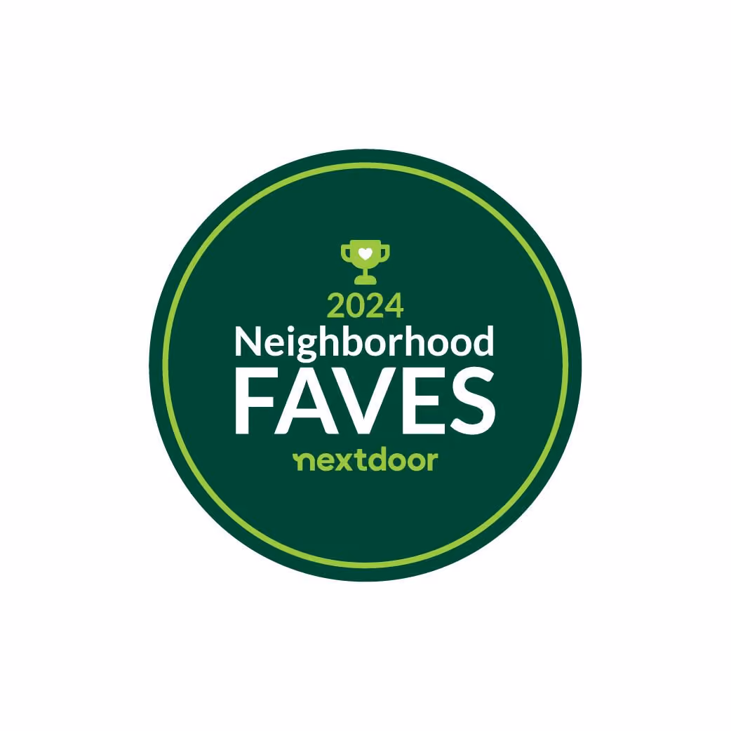 A circular dark green emblem featuring a lime green trophy icon, light green inner border, and text reading "2024 Neighborhood FAVES nextdoor."