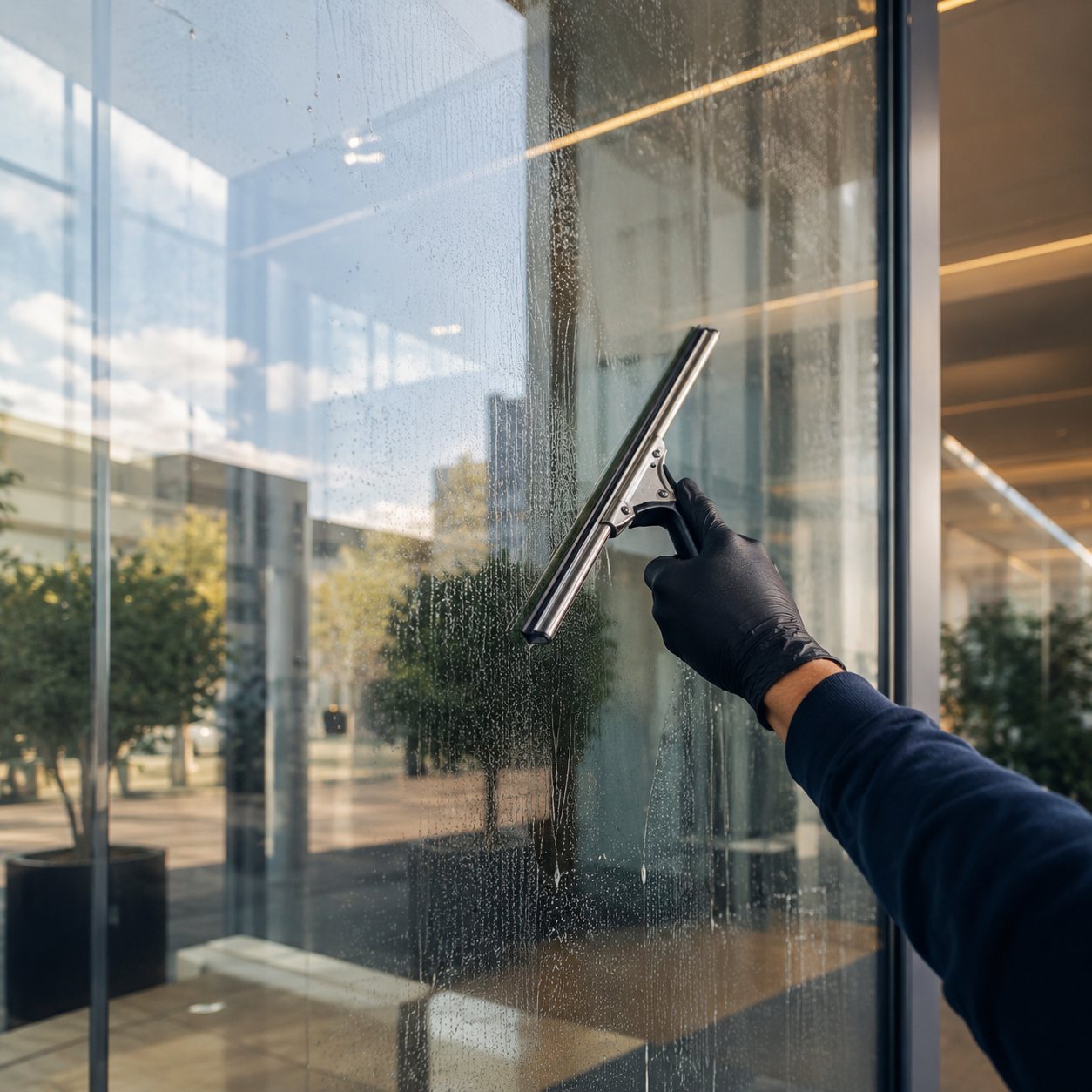 Professionelle Glasreinigung an einer modernen Glasfassade