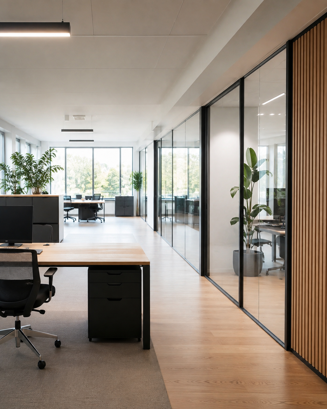Modernes Büro nach professioneller Reinigung bei Tageslicht