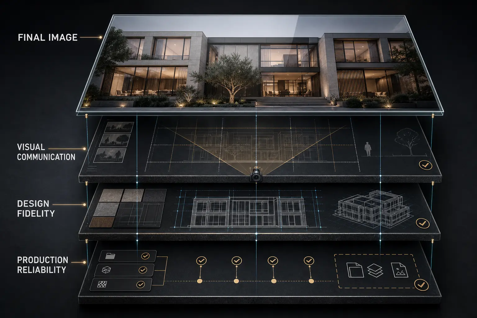 Polished architectural render revealing evaluation layers of visual communication, design fidelity, and production reliability.