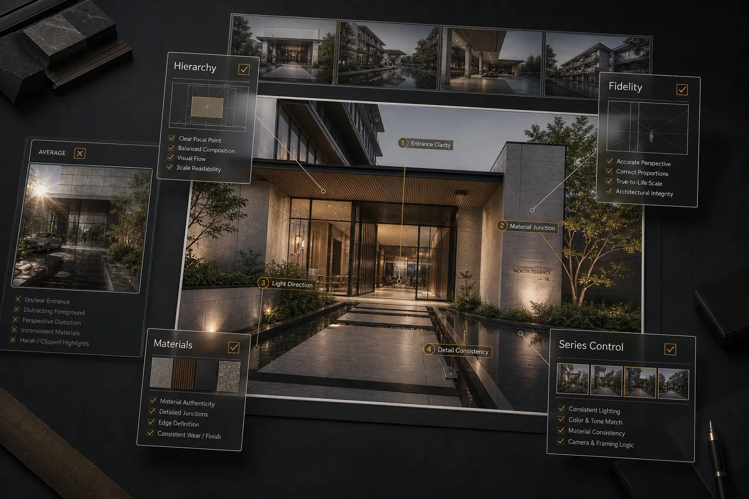 Central architectural visualization plate evaluated with quality control overlays highlighting hierarchy, fidelity, and material standards.
