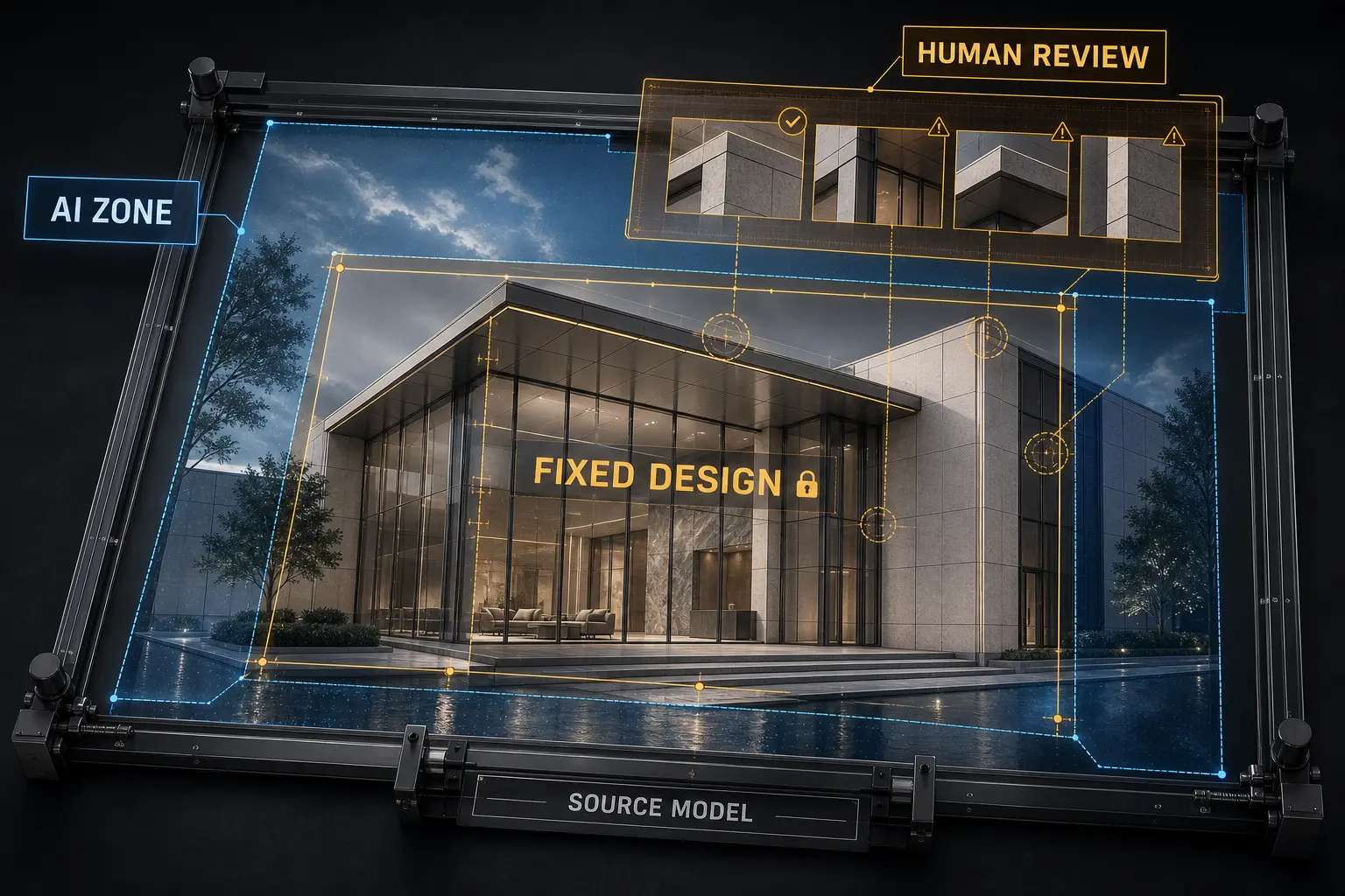 Controlled architectural visualization with fixed design integrity, AI treatment zones, and human review overlays.