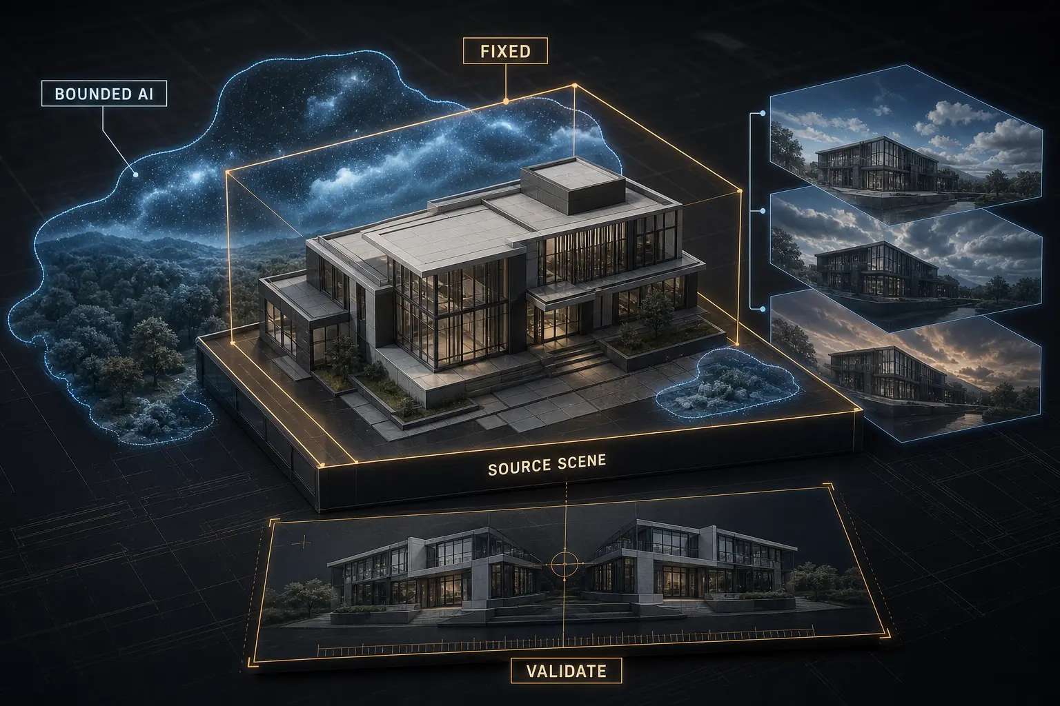Controlled architectural rendering with fixed geometry surrounded by bounded AI-generated variations and validation checks.