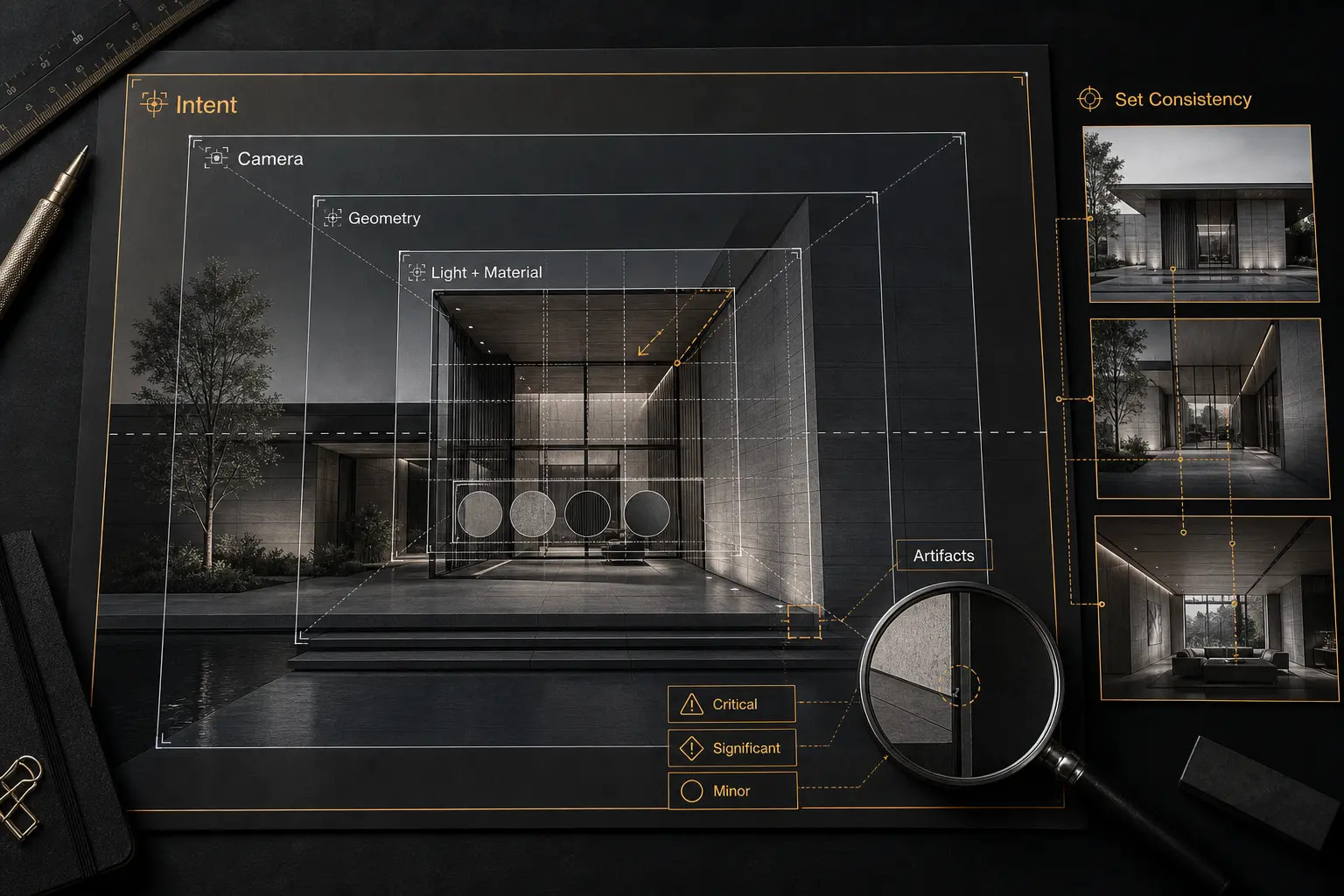 Architectural rendering quality control process with nested inspection frames and thumbnails for client delivery review.