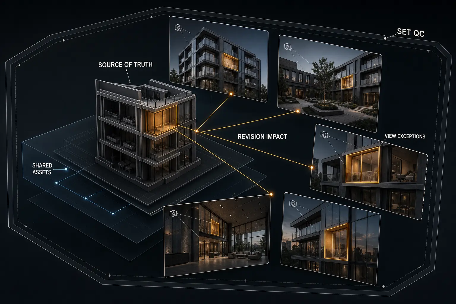 Architectural visualization consistency illustrated through a central model with revision impact radiating to multiple view frames.
