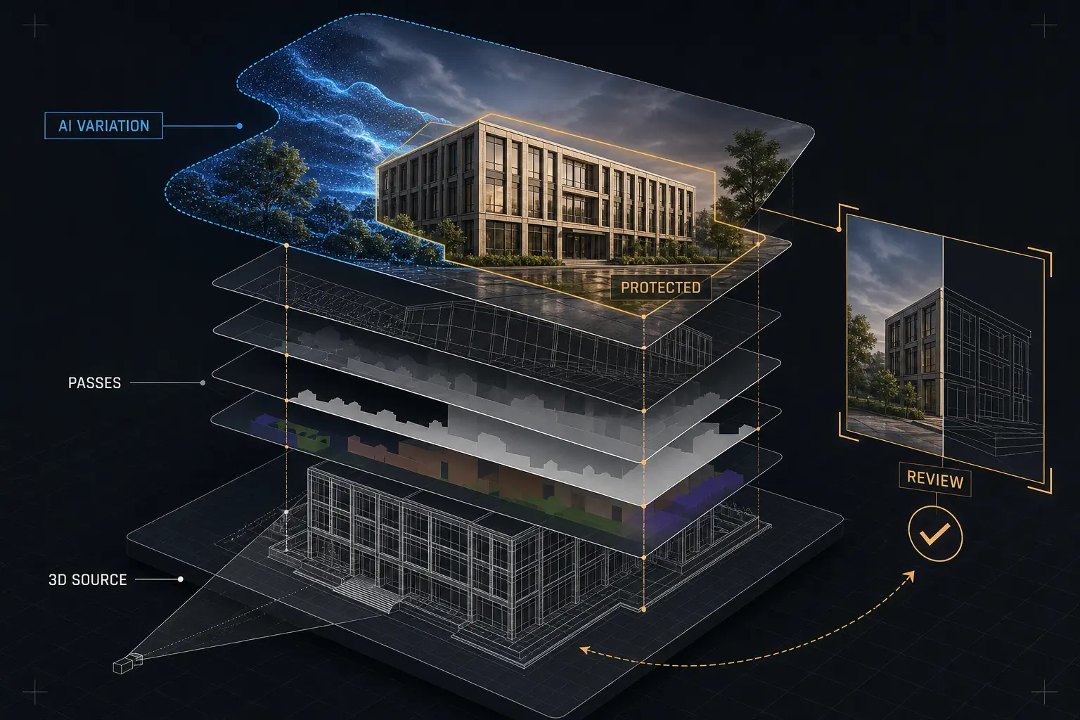Layered architectural visualization stack illustrating a controlled AI archviz workflow with validation and review stages.