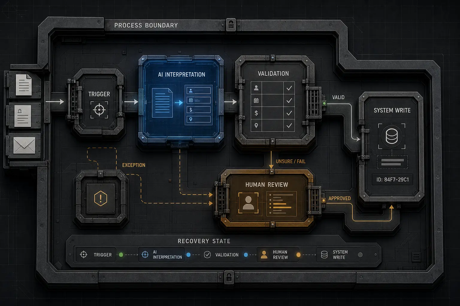 Reliable AI workflow automation system illustrating process boundaries, validation, human review, and recovery stages.