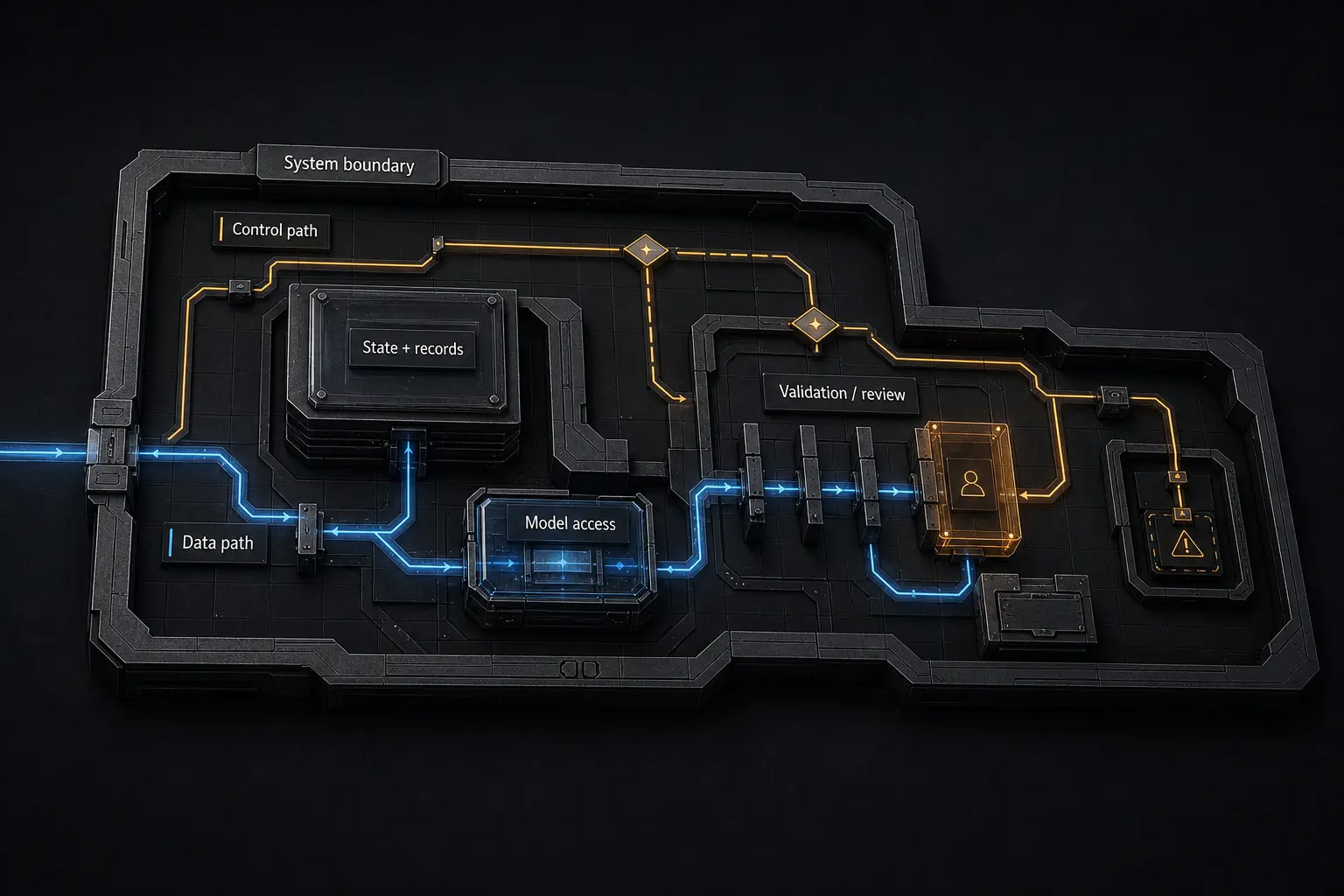 Controlled AI system architecture with distinct data and control paths surrounding a model access chamber.