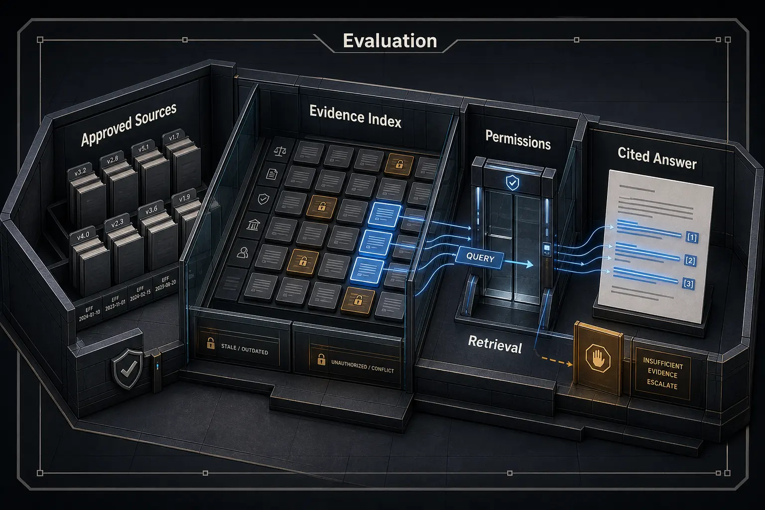 Production RAG implementation showcasing a secure evidence architecture with retrieval, permissions, and citation connections.